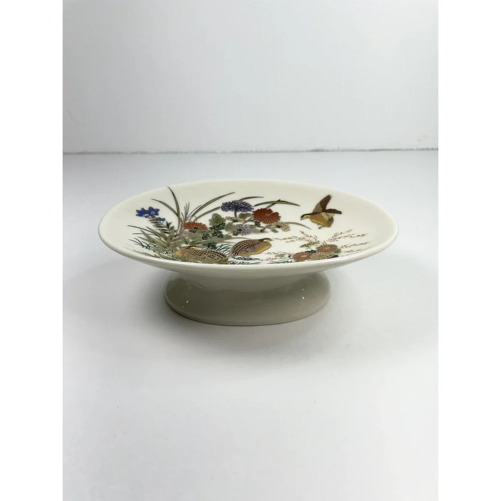 Vintage pedestal pheasants Flowers trinket soap dish porcelain‎ crackle glaze